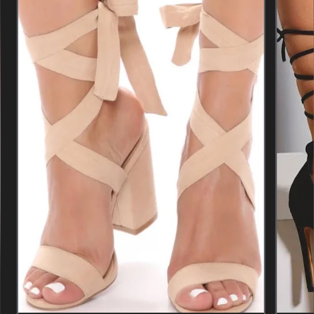 Fashionova suede nude ankle wrap heels